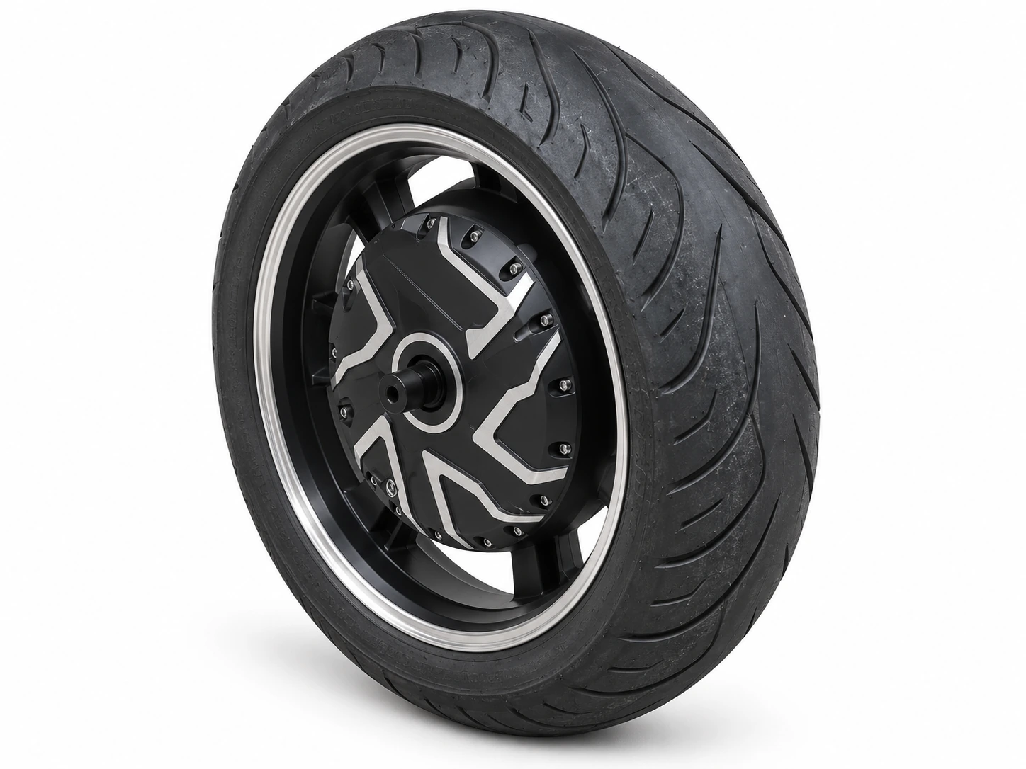 Rear hub-motor wheel. Illustration only; motor wiring and service geometry are not shown.